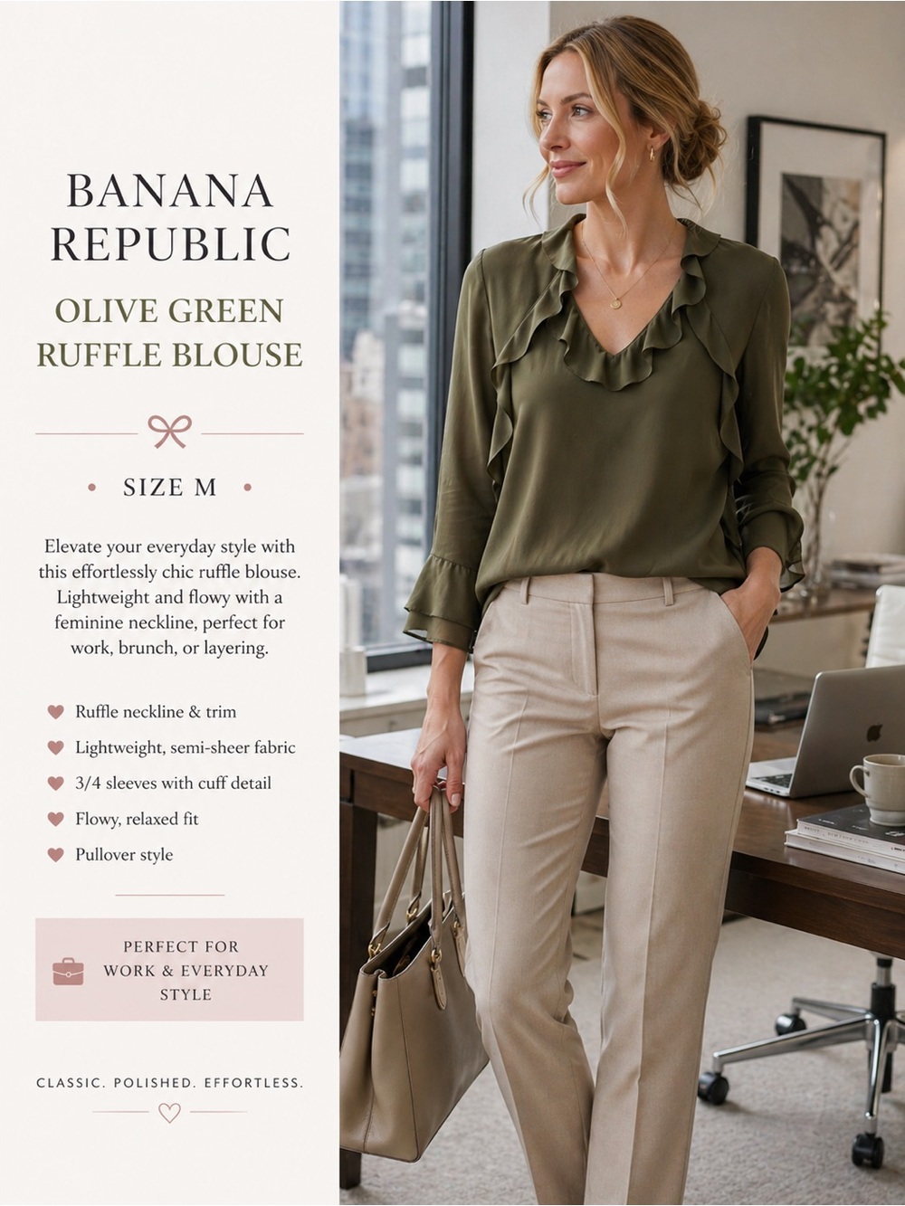 Banana Republic Olive Green Ruffle Blouse | Sheer Lightweight Top Size M